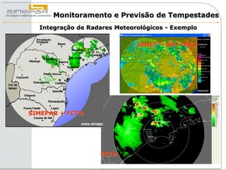 Monitoramento e Previsão de Tempestades
  Integração de Radares Meteorológicos - Exemplo


                              IPMET – BRU+PRU




SIMEPAR + FCTH




                   FCTH
 