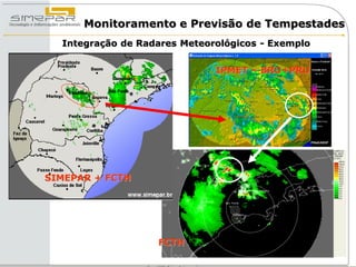 Monitoramento e Previsão de Tempestades
  Integração de Radares Meteorológicos - Exemplo


                              IPMET – BRU+PRU




SIMEPAR + FCTH




                   FCTH
 