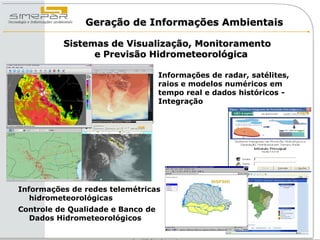 Geração de Informações Ambientais

          Sistemas de Visualização, Monitoramento
                e Previsão Hidrometeorológica

                              •    Informações de radar, satélites,
                                   raios e modelos numéricos em
                                   tempo real e dados históricos -
                                   Integração




    SISPSHI


Informações de redes telemétricas
   hidrometeorológicas
Controle de Qualidade e Banco de
  Dados Hidrometeorológicos
 