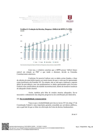 26 de 31
Com isso, o relatório concluiu que o RPPS possui “déficit futuro
estável em relação ao PIB” e que tende a diminuir, devido as Emendas
Constitucionais anteriores.
Conforme foi possível indicar com os dados acima listados, a base
de cálculos do atual déficit parece ser muito menor do que o valor que foi apresentado
como justificativa da Emenda 103. No entanto, não se está aqui a endossar o suposto
déficit da previdência, mas sim problematizar os dados apresentados pelo Governo
Federal como justificadores da medida inconstitucional, diante da insanável ausência
do adequado estudo atuarial.
Assim, também pela falta de estudos atuarias adequados, faz-se
necessário o afastamento das alíquotas progressivas de contribuição previdenciária.
3.3. Da irredutibilidade remuneratória
Veja-se que a irredutibilidade prevista no inciso XV do artigo 37 da
Constituição Federal é uma importante garantia concedida aos servidores públicos,
sem a qual não há que se falar em efetivação da Carta de direitos fundamentais:
Num. 775257978 - Pág. 26
Assinado eletronicamente por: RUDI MEIRA CASSEL - 15/10/2021 10:46:06
http://pje1g.trf1.jus.br:80/pje/Processo/ConsultaDocumento/listView.seam?x=21101510460651000000767984132
Número do documento: 21101510460651000000767984132
 
