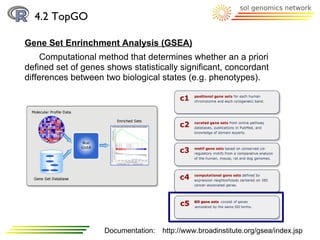 4.2 TopGO

Gene Set Enrinchment Analysis (GSEA)
     Computational method that determines whether an a priori
defined set of genes shows statistically significant, concordant
differences between two biological states (e.g. phenotypes).




                    Documentation:   http://www.broadinstitute.org/gsea/index.jsp
 