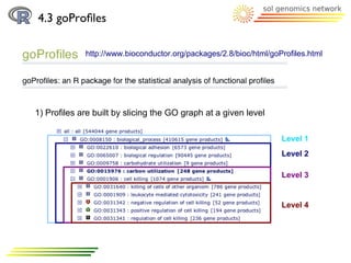 4.3 goProﬁles

             http://www.bioconductor.org/packages/2.8/bioc/html/goProfiles.html




1) Proﬁles are built by slicing the GO graph at a given level

                                                                   Level 1
                                                                   Level 2

                                                                   Level 3


                                                                   Level 4
 