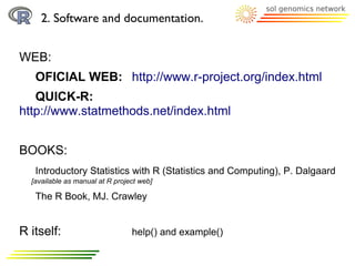 2. Software and documentation.


WEB:
   OFICIAL WEB: http://www.r-project.org/index.html
   QUICK-R:
http://www.statmethods.net/index.html


BOOKS:
   Introductory Statistics with R (Statistics and Computing), P. Dalgaard
  [available as manual at R project web]

   The R Book, MJ. Crawley


R itself:                        help() and example()
 