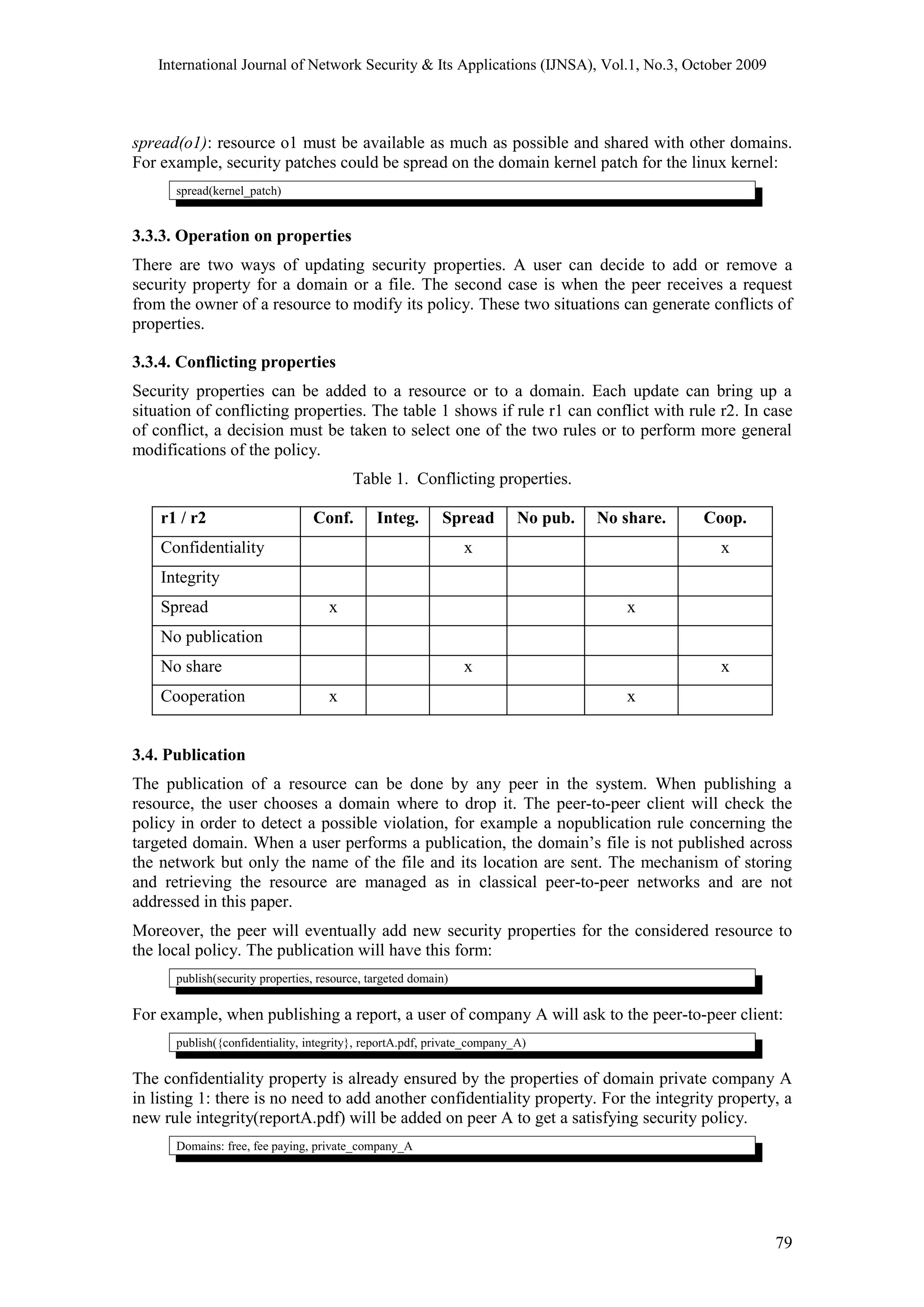 International Journal of Network Security & Its Applications (IJNSA), Vol.1, No.3, October 2009
spread(o1): resource o1 must be available as much as possible and shared with other domains.
For example, security patches could be spread on the domain kernel patch for the linux kernel:
spread(kernel_patch)
3.3.3. Operation on properties
There are two ways of updating security properties. A user can decide to add or remove a
security property for a domain or a file. The second case is when the peer receives a request
from the owner of a resource to modify its policy. These two situations can generate conflicts of
properties.
3.3.4. Conflicting properties
Security properties can be added to a resource or to a domain. Each update can bring up a
situation of conflicting properties. The table 1 shows if rule r1 can conflict with rule r2. In case
of conflict, a decision must be taken to select one of the two rules or to perform more general
modifications of the policy.
Table 1. Conflicting properties.
r1 / r2 Conf. Integ. Spread No pub. No share. Coop.
Confidentiality x x
Integrity
Spread x x
No publication
No share x x
Cooperation x x
3.4. Publication
The publication of a resource can be done by any peer in the system. When publishing a
resource, the user chooses a domain where to drop it. The peer-to-peer client will check the
policy in order to detect a possible violation, for example a nopublication rule concerning the
targeted domain. When a user performs a publication, the domain’s file is not published across
the network but only the name of the file and its location are sent. The mechanism of storing
and retrieving the resource are managed as in classical peer-to-peer networks and are not
addressed in this paper.
Moreover, the peer will eventually add new security properties for the considered resource to
the local policy. The publication will have this form:
publish(security properties, resource, targeted domain)
For example, when publishing a report, a user of company A will ask to the peer-to-peer client:
publish({confidentiality, integrity}, reportA.pdf, private_company_A)
The confidentiality property is already ensured by the properties of domain private company A
in listing 1: there is no need to add another confidentiality property. For the integrity property, a
new rule integrity(reportA.pdf) will be added on peer A to get a satisfying security policy.
Domains: free, fee paying, private_company_A
79
 