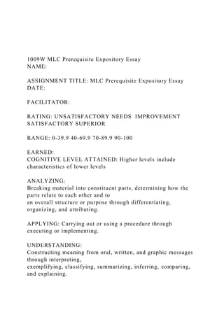 1009W MLC Prerequisite Expository Essay
NAME:
ASSIGNMENT TITLE: MLC Prerequisite Expository Essay
DATE:
FACILITATOR:
RATING: UNSATISFACTORY NEEDS IMPROVEMENT
SATISFACTORY SUPERIOR
RANGE: 0-39.9 40-69.9 70-89.9 90-100
EARNED:
COGNITIVE LEVEL ATTAINED: Higher levels include
characteristics of lower levels
ANALYZING:
Breaking material into constituent parts, determining how the
parts relate to each other and to
an overall structure or purpose through differentiating,
organizing, and attributing.
APPLYING: Carrying out or using a procedure through
executing or implementing.
UNDERSTANDING:
Constructing meaning from oral, written, and graphic messages
through interpreting,
exemplifying, classifying, summarizing, inferring, comparing,
and explaining.
 