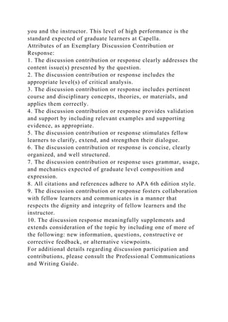 you and the instructor. This level of high performance is the
standard expected of graduate learners at Capella.
Attributes of an Exemplary Discussion Contribution or
Response:
1. The discussion contribution or response clearly addresses the
content issue(s) presented by the question.
2. The discussion contribution or response includes the
appropriate level(s) of critical analysis.
3. The discussion contribution or response includes pertinent
course and disciplinary concepts, theories, or materials, and
applies them correctly.
4. The discussion contribution or response provides validation
and support by including relevant examples and supporting
evidence, as appropriate.
5. The discussion contribution or response stimulates fellow
learners to clarify, extend, and strengthen their dialogue.
6. The discussion contribution or response is concise, clearly
organized, and well structured.
7. The discussion contribution or response uses grammar, usage,
and mechanics expected of graduate level composition and
expression.
8. All citations and references adhere to APA 6th edition style.
9. The discussion contribution or response fosters collaboration
with fellow learners and communicates in a manner that
respects the dignity and integrity of fellow learners and the
instructor.
10. The discussion response meaningfully supplements and
extends consideration of the topic by including one of more of
the following: new information, questions, constructive or
corrective feedback, or alternative viewpoints.
For additional details regarding discussion participation and
contributions, please consult the Professional Communications
and Writing Guide.
 