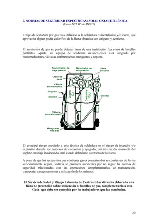 7. NORMAS DE SEGURIDAD ESPECÍFICAS: SOLD. OXIACETILÉNICA
                               (Fuente NTP 495 del INSHT)



El tipo de soldadura por gas más utilizado es la soldadura oxiacetilénica y oxicorte, que
aprovecha el gran poder calorífico de la llama obtenida con oxígeno y acetileno.


El suministro de gas se puede obtener tanto de una instalación fija como de botellas
portátiles. Aparte, un equipo de soldadura oxiacetilénica está integrado por
manorreductores, válvulas antirretroceso, mangueras y soplete.




El principal riesgo asociado a esta técnica de soldadura es el riesgo de incendio y/o
explosión durante los procesos de encendido y apagado, por utilización incorrecta del
soplete, montaje inadecuado, mal estado del mismo o retorno de la llama.

A pesar de que los recipientes que contienen gases comprimidos se construyen de forma
suficientemente segura, todavía se producen accidentes por no seguir las normas de
seguridad relacionadas con las operaciones complementarias de manutención,
transporte, almacenamiento y utilización de los mismos.


 El Servicio de Salud y Riesgo Laborales de Centros Educativos ha elaborado una
  ficha de prevención sobre utilización de botellas de gas, complementaria a esta
       Guía, que debe ser conocida por los trabajadores que las manipulen.




                                                                                      20
 