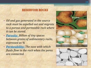 • Oil and gas generated in the source
rock must be expelled out and migrate
to a porous and permeable rock where
it can be stored.
• Porosity: Billion of tiny spaces
between grains of sedimentary rocks,
expressed as %
• Permeability: The ease with which
fluids flow in the rock when the pores
are connected.
14
 