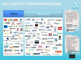 LES CLIENTS ET PARTENAIRES AZURE
« Grâce à la flexibilité de
Windows Azure, nous
pouvons nous concentrer
sur le développement de
nouvelles fonctionnalités
pour nos clients – ce qui
nous rend plus
concurrentiel. »
« Ce qui nous a pris deux
mois est réalisable
maintenant en une
semaine et nous pouvons
réutiliser ces ressources
informatiques sur des
tâches plus
stratégiques, comme le
développement de
nouveaux services. »
 