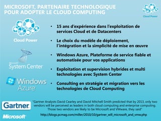 MICROSOFT, PARTENAIRE TECHNOLOGIQUE
POUR ADOPTER LE CLOUD COMPUTING
• 15 ans d’expérience dans l’exploitation de
services Cloud et de Datacenters
• Le choix du modèle de déploiement,
l’intégration et la simplicité de mise en œuvre
• Windows Azure, Plateforme de service fiable et
automatisée pour vos applications
• Exploitation et supervision hybrides et multi
technologies avec System Center
• Consulting en stratégie et migration vers les
technologies de Cloud Computing
“Gartner Analysts David Cearley and David Mitchell Smith predicted that by 2013, only two
vendors will be perceived as leaders in both cloud computing and enterprise computing.
Those two vendors are likely to be Microsoft and VMware, they said”
 