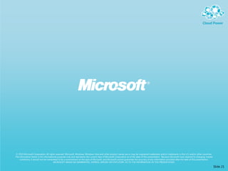Slide 21
© 2010 Microsoft Corporation. All rights reserved. Microsoft, Windows, Windows Vista and other product names are or may be registered trademarks and/or trademarks in the U.S. and/or other countries.
The information herein is for informational purposes only and represents the current view of Microsoft Corporation as of the date of this presentation. Because Microsoft must respond to changing market
conditions, it should not be interpreted to be a commitment on the part of Microsoft, and Microsoft cannot guarantee the accuracy of any information provided after the date of this presentation.
MICROSOFT MAKES NO WARRANTIES, EXPRESS, IMPLIED OR STATUTORY, AS TO THE INFORMATION IN THIS PRESENTATION.
 