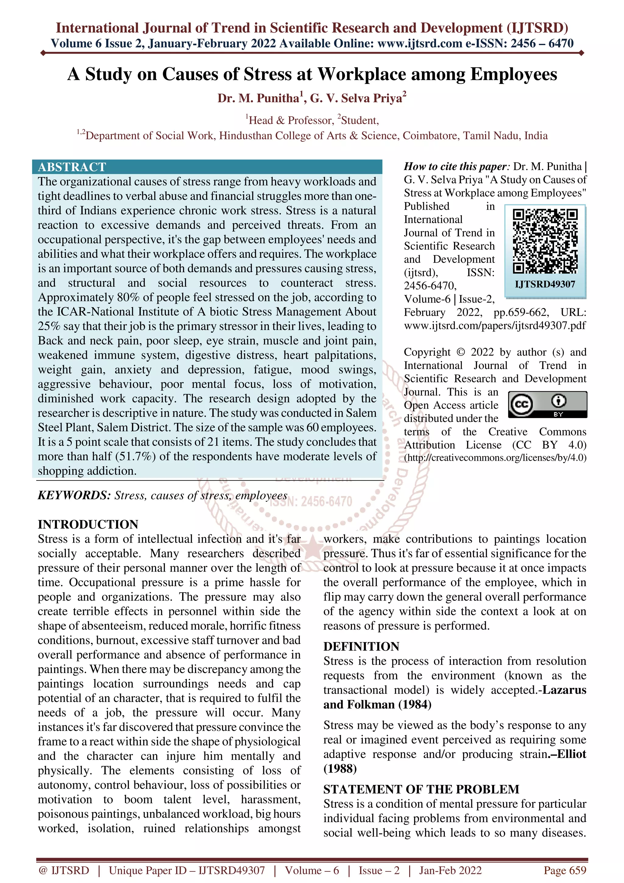 A Study on Causes of Stress at Workplace among Employees | PDF