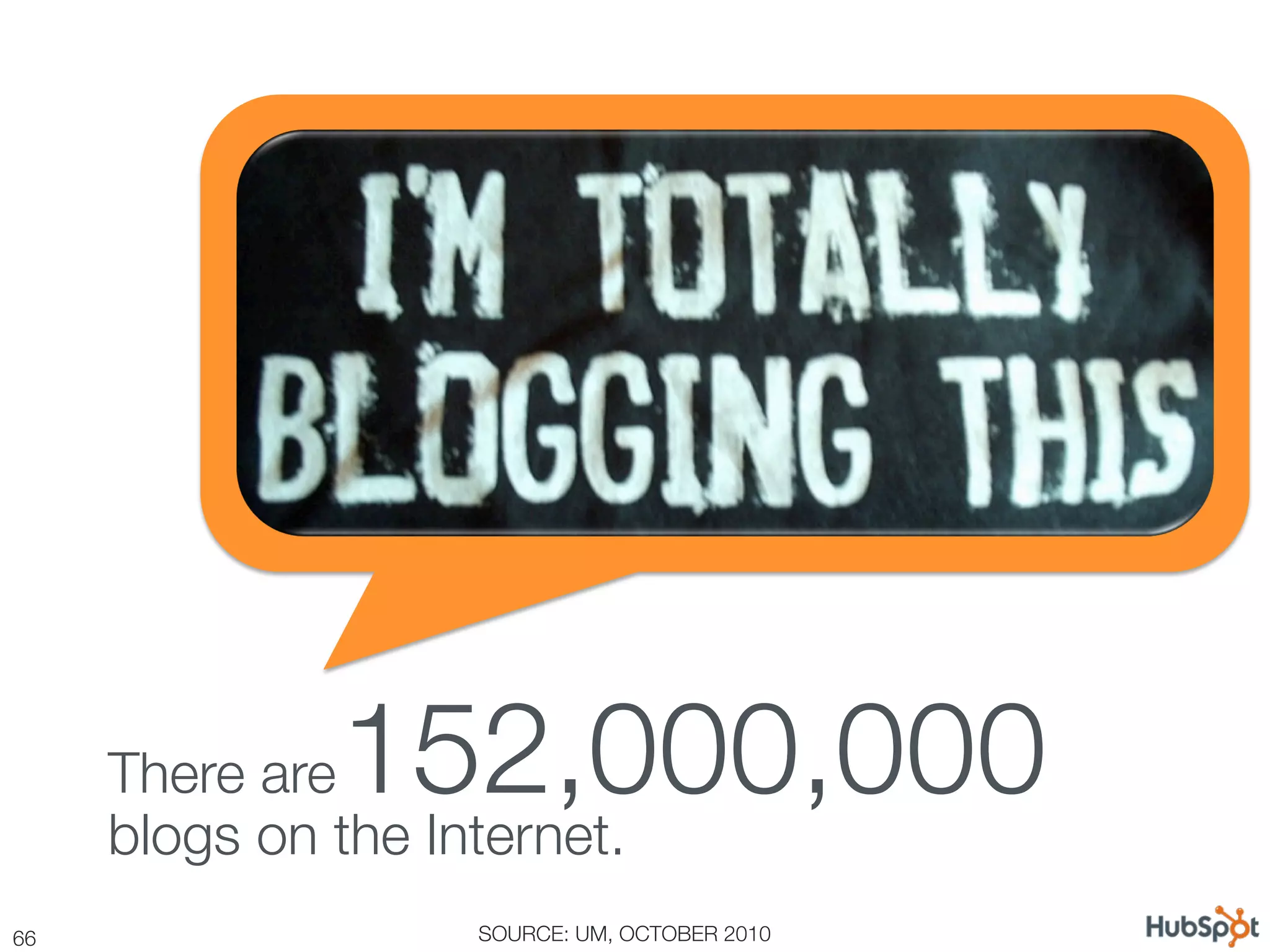 There are
152,000,000
      blogs on the Internet.
66
                  SOURCE: UM, OCTOBER 2010
 