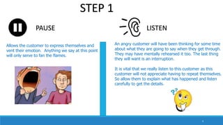 PAUSE
STEP 1
Allows the customer to express themselves and
vent their emotion. Anything we say at this point
will only serve to fan the flames.
LISTEN
An angry customer will have been thinking for some time
about what they are going to say when they get through.
They may have mentally rehearsed it too. The last thing
they will want is an interruption.
It is vital that we really listen to this customer as this
customer will not appreciate having to repeat themselves.
So allow them to explain what has happened and listen
carefully to get the details.
4
 