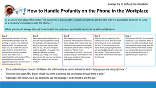 How to Handle Profanity on the Phone in the Workplace
In a culture that adopts the motto "The customer is always right," people sometimes get the idea that it is acceptable behavior to curse
at a company's employees over the phone. "
While you should always attempt to work with the customer, you should never put up with verbal abuse.
Always try to defuse the situation
Step 1
Reassure the customer that you
understand his problem and are
working to solve it. Use reflective
listening skills. For example, you
might say, "It sounds like you are
angry that this is the third time
you've had to contact customer
service about this issue. I
understand this is frustrating." This
technique will often help an
aggravated customer to calm down
and stop using profanity
Step 2
Avoid arguing with the person, as
this will only escalate the cursing.
For example, if the person says, "I
want to cancel my service now,"
and you say, "Yes, but first you'll
need to speak to a manager," the
behavior will likely increase.
Instead, say, "Okay, I can cancel
your service for you. Let me tell you
what you'll need to do. Are you
ready?“
Step 3
Ask the person to stop using
profanity if the behavior continues.
Some people don't realize how out-
of-control their speech is or simply
have poor speech habits. Telling the
customer, "I'd feel more
comfortable if you didn't use those
words during our conversation" will
help some people to stop cursing
and speak respectfully.
Step 4
Give the person a warning if he
continues to curse after you have
let her know it is not acceptable.
Tell her, "If you continue to use
these words, I'm going to have to
ask you to call back later when you
feel calmer." Then continue your
side of the conversation and hope
for the best.
Step 5
Discontinue the call if the customer
continues to use profanity. Make a
note of the date, time of call, issue
and customer name along with the
details of the conversation so that
you can provide documentation if
the termination of the call is
reported to your supervisor.
 “I truly understand your concern, Sir/Madam, but unfortunately we cannot tolerate the kind of language you are using right now…”
 “You seem very upset, Mrs. Brown. Would you prefer to continue this conversation through email or post?”
 “I apologize, Mrs. Brown, but if you continue to use this language, I will be forced to end this call.”
 