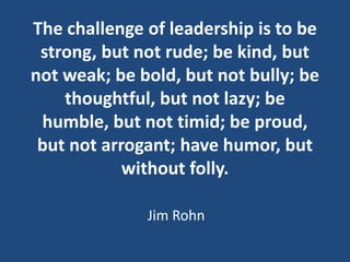 The challenge of leadership is to be
strong, but not rude; be kind, but
not weak; be bold, but not bully; be
thoughtful, b...
