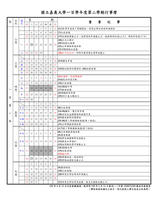 國立嘉義大學一百學年度第二學期行事曆
        月    週
        份    次        星                    期
年                                                                      重      要   記   事
                 日 一 二 三 四 五 六
                                1    2    3    4    (1)100 學年度第 2 學期開始、研究生學位考試申請開始
                 5    6    7    8    9    10   11 (7)行政會議
    二            12   13   14   15   16   17   18 (17)註冊繳費截止日、就學貸款申請截止日、教與學研討會(上午)、導師研習會(下午)
    月                                             (20)正式上課日
                                                  (20-21)豋記選課
            一    19   ○
                      20   21   22   23   24   25
                                                  (22)公布課程篩選結果
                                                  (23-3/2)網路加退選
            二    26   27   28   29                (28)和平紀念日、研究所優秀僑生獎學金截止
                                     1    2    3
    三       三    4    5    6    7    8    9    10 (5-9)轉系申請
    月       四    11   12   13   14   15   16   17
            五    18   19   20   21   22   23   24 (19)期初教學評量開始 (20)校務會議
            六    25   26   27   28   29   30   31
                                                  (4)兒童節、民族掃墓節
            七    1    2    3    4    5    6    7
                                                  (5-6)校外研習活動
    四       八    8    9    10   11   12   13   14 (10)行政會議
一   月       九    15   16   17   18   19   20   21
                                                  (16-20)期中考
                                                  (17)教務會議
                                                  (23-5/4)停修申請
百           十    22   23   24   25   26   27   28
                                                  (25)2012 嘉大職涯日
            十一 29     30
零                          1    2    3    4    5
            十二 6      7    8    9    10   11   12 (8)行政會議
一   五                                             (14-18)輔系、雙主修申請
    月       十三 13     14   15   16   17   18   19
                                                  (18)各院完成績優教師推薦作業
年                                                 (21)期末教學評量開始
            十四 20     21   22   23   24   25   26
                                                  (25-30)第 1 學期課程預選(第 1 階段)
            十五 27     28   29   30   31           (31)公布課程篩選結果
                                          1    2    (1-7)第 1 學期課程預選(第 2 階段)
                                                    (8)公布課程篩選結果
            十六 3      4    5    6    7    8    9
                                                    (9)畢業典禮
                                                    (11)學生缺曠課單送達截止
    六       十七 10     11   12   13   14   15   16   (12)期末扣考通知
    月                                               (15)本學期休學申請截止日
                                                    (18-22)期末考
            十八 17     18   19   20   21   22   23   (19)校務會議
                                                    (23)端午節
                                                    (25)學期結束、暑假開始
                 24   ○
                      25   26   27   28   29   30
                                                    (29)學期成績繳交截止日
                 1    2    3    4    5    6    7
                                                  (9)暑修開始
    七            8    9    10   11   12   13   14
                                                  (10)行政會議
    月
                 15   16   17   18   19   20   21 (20)研究生學位考試申請截止
                 22   23   24   25   26   27   28
                 29   30   31                       (31)研究生學位考試成績、論文定稿繳交截止日
                                          100 年 4 月 12 日行政會議通過，教育部 100 年 5 月 12 日臺高(一)字第 1000075590 號函同意備查
                                                                 （彈性放假及補行上班日，依行政院人事行政局公告為準）
 