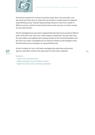 E X P LO I TAT IO N O F I N T E R N AT IO N A L J U R I S D I C T IO N A L I S S U E S




     An American national FIU received a transaction report about Jerry and Jonah. Jerry
     and Jonah were both clients at a bank that was located in a region known for organised
     drug trafficking activity. They both deposited large amounts of cash into a number of
     different accounts, and then transferred the funds to other accounts in an Asian country
     via inter-bank transfers.


     The FIU investigated Jerry and Jonah. It appeared that they had several accounts at different
     banks, all located in the same area. Further analysis revealed that Jerry and Jonah used
     the same address and explained their banking activities to their financial institutions with
     the same cover stories. Investigation by FIU staff also revealed a local newspaper article
     that had named Jerry as being part of a drug trafficking ring.


     At time of writing, the case is still under investigation by national law enforcement

57   agencies and will be remitted to the prosecutor for action when completed.                                             103

     I n d i ca t o r s :
     › Large-scale cash transactions
     › Media coverage of account holders activities
     › Rapid inter-bank transfer with little explanation
 