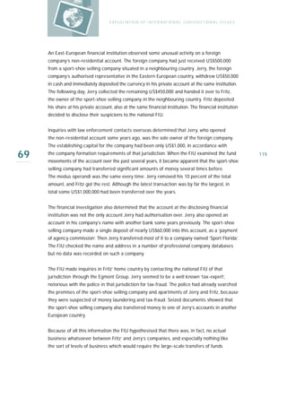 E X P LO I TAT IO N O F I N T E R N AT IO N A L J U R I S D I C T IO N A L I S S U E S




     An East-European financial institution observed some unusual activity on a foreign
     company’s non-residential account. The foreign company had just received US$500,000
     from a sport-shoe selling company situated in a neighbouring country. Jerry, the foreign
     company’s authorised representative in the Eastern European country, withdrew US$50,000
     in cash and immediately deposited the currency in his private account at the same institution.
     The following day, Jerry collected the remaining US$450,000 and handed it over to Fritz,
     the owner of the sport-shoe selling company in the neighbouring country. Fritz deposited
     his share at his private account, also at the same financial institution. The financial institution
     decided to disclose their suspicions to the national FIU.


     Inquiries with law enforcement contacts overseas determined that Jerry, who opened
     the non-residential account some years ago, was the sole owner of the foreign company.
     The establishing capital for the company had been only US$1,000, in accordance with

69   the company formation requirements of that jurisdiction. When the FIU examined the fund
     movements of the account over the past several years, it became apparent that the sport-shoe
                                                                                                                              119

     selling company had transferred significant amounts of money several times before.
     The modus operandi was the same every time: Jerry removed his 10 percent of the total
     amount, and Fritz got the rest. Although the latest transaction was by far the largest, in
     total some US$1,000,000 had been transferred over the years.


     The financial investigation also determined that the account at the disclosing financial
     institution was not the only account Jerry had authorisation over. Jerry also opened an
     account in his company’s name with another bank some years previously. The sport-shoe
     selling company made a single deposit of nearly US$60,000 into this account, as a ‘payment
     of agency commission’. Then Jerry transferred most of it to a company named ‘Sport Florida’.
     The FIU checked the name and address in a number of professional company databases
     but no data was recorded on such a company.


     The FIU made inquiries in Fritz’ home country by contacting the national FIU of that
     jurisdiction through the Egmont Group. Jerry seemed to be a well known ‘tax-expert’,
     notorious with the police in that jurisdiction for tax-fraud. The police had already searched
     the premises of the sport-shoe selling company and apartments of Jerry and Fritz, because
     they were suspected of money laundering and tax-fraud. Seized documents showed that
     the sport-shoe selling company also transferred money to one of Jerry’s accounts in another
     European country.


     Because of all this information the FIU hypothesised that there was, in fact, no actual
     business whatsoever between Fritz’ and Jerry’s companies, and especially nothing like
     the sort of levels of business which would require the large-scale transfers of funds
 