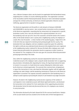 U S E O F A N O N Y M O U S A S S E T T Y PE S




     Jane, a Western-European citizen, was the head of an organisation that had laundered money
     originating from a number of cocaine trafficking operations. The organisation consisted
     of her two brothers and five financial professionals. Because of Jane’s international reputation
     amongst the criminal community, an American criminal organisation, linked to cocaine
     trafficking, approached her to launder its drug profits.


     The American organisation sent the profits in cash amounts of between US$50,000
     and US$450,000 to Jane by couriers. Jane received further instructions via the accountant
     of the American organisation, requesting that the money had to be transported to a specific
     destination country. Once Jane was informed of the required destination, the rest of
     the laundering route was up to her. One of her associates carried the funds to the Custom’s
     office on the border between Jane’s country and a neighbouring country. An employee of
     a bank office near the border - a minor member of the laundering gang - helped him to fill

88   in the form that was required for declaring money being brought into the country. This
     declaration form was obligatory; and non-compliance would have given the authorities
                                                                                                        149

     the right to confiscate any undeclared funds discovered. All completed forms were registered
     at the neighbouring county’s national FIU. Because the bank office employee was a well-
     known financial professional, the declaration raised no suspicious at either Customs or
     the national FIU. The completion of the form also gave the associate official documentation
     proving legal ownership of the funds.


     Once within the neighbouring country the associate deposited the funds into a non-
     residential account at the employee’s bank, using the border declaration form as supporting
     documentation. Immediately after depositing the money, the figurehead ordered the bank
     to transfer it to accounts in a South American country, following the initial orders given
     by the American criminal organisation. The associate then returned home, bringing back
     a copy of the transactions to Jane, who faxed the information together with the applicable
     exchange rate, bank charges, and the laundering commission of 10 percent, to the American
     organisation’s accountant. Five separate associates undertook the same laundering route, in
     attempt to avoid suspicious by lessening the amount of cash involved in any single transaction.


     However, the bank in the neighbouring country became suspicious of the number of
     cash deposits in non-residential accounts with linked rapid fund transfers, and disclosed
     the transactions to the national FIU. From examination of the supporting documentation
     (the declaration forms) the bank also discovered that one of its employees was involved
     in every transaction.


     The information disclosed by the bank showed the FIU the overseas beneficiaries. Analysis
     of the account details overseas revealed to the FIU that some of them had appeared as
 