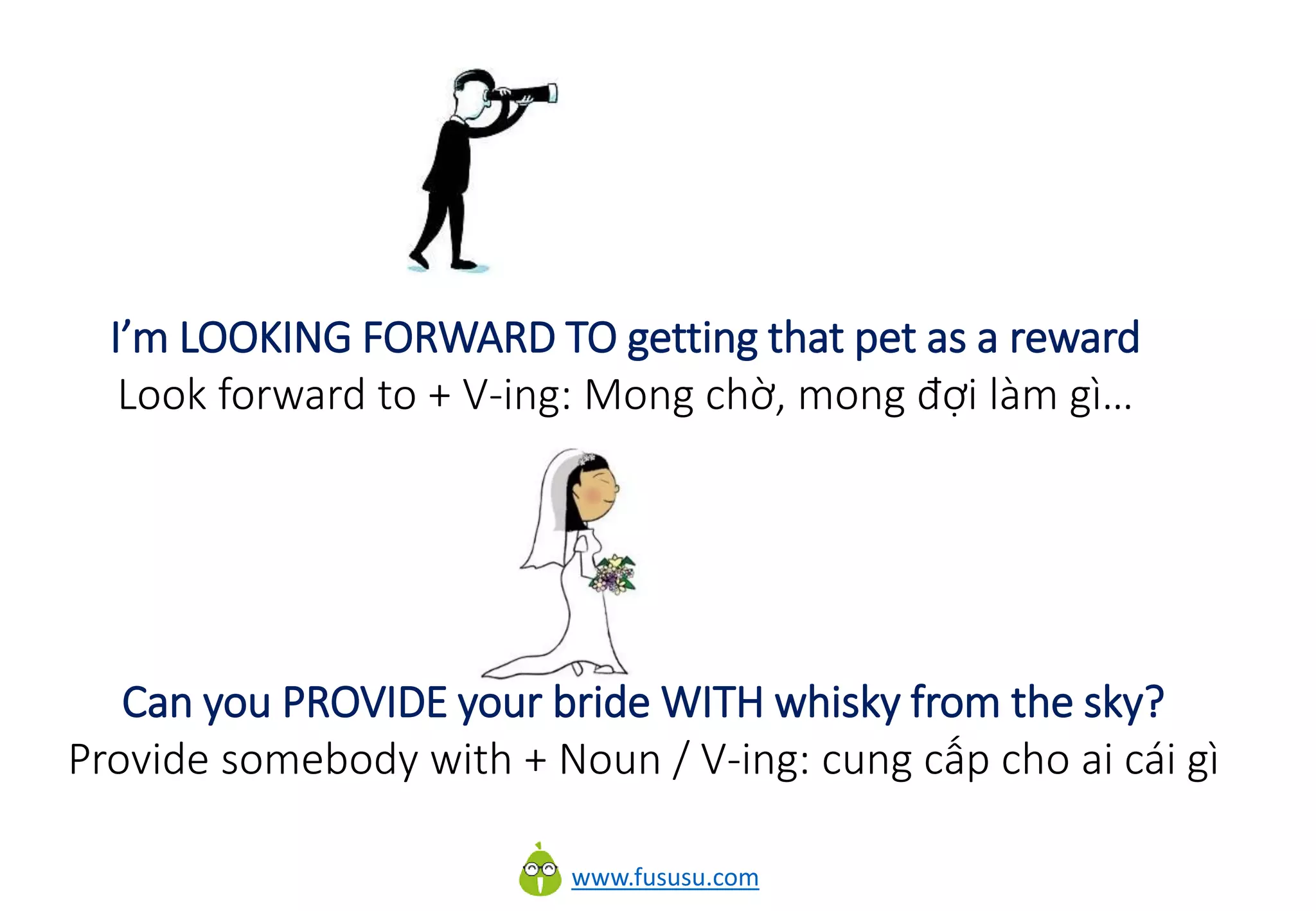 www.fususu.com
I’m LOOKING FORWARD TO getting that pet as a reward
Look forward to + V-ing: Mong chờ, mong đợi làm gì…
Can you PROVIDE your bride WITH whisky from the sky?
Provide somebody with + Noun / V-ing: cung cấp cho ai cái gì
 