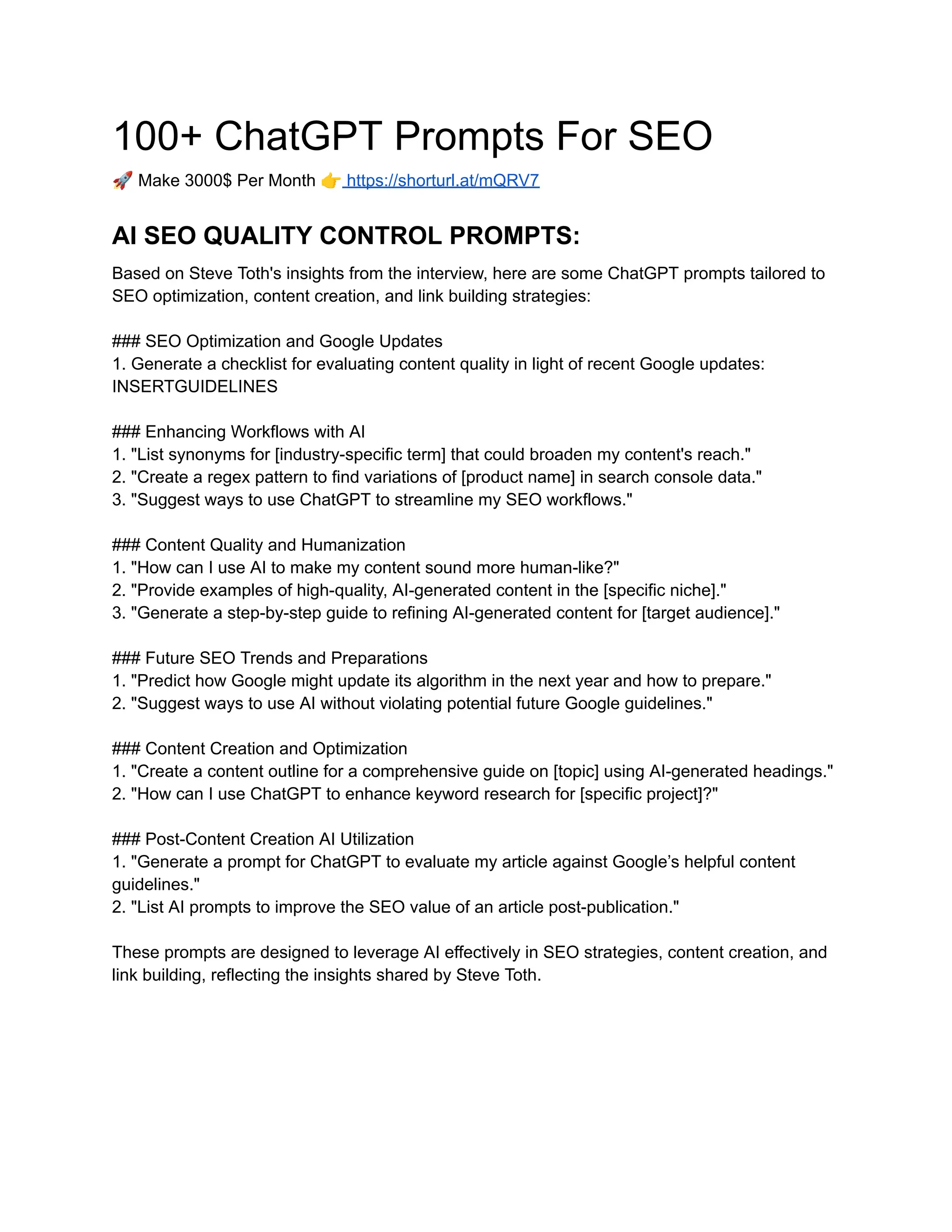 100+ ChatGPT Prompts for SEO Optimization | PDF