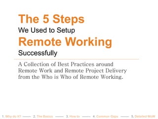 A Collection of Best Practices around
Remote Work and Remote Project Delivery
from the Who is Who of Remote Working.
The 5 Steps
We Used to Setup
Remote Working
Successfully
1. Why do it? -------- 2. The Basics -------- 3. How to -------- 4. Common Gaps -------- 5. Detailed WoW
 