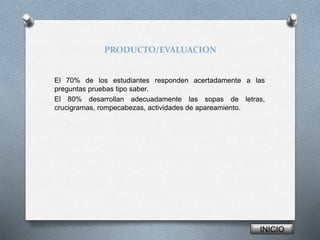 PRODUCTO/EVALUACION 
El 70% de los estudiantes responden acertadamente a las 
preguntas pruebas tipo saber. 
El 80% desarrollan adecuadamente las sopas de letras, 
crucigramas, rompecabezas, actividades de apareamiento. 
INICIO 

