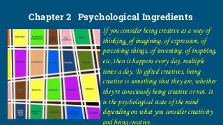 Chapter 2 Psychological Ingredients
If you consider being creative as a way of
thinking, of imagining, of expression, of
p...