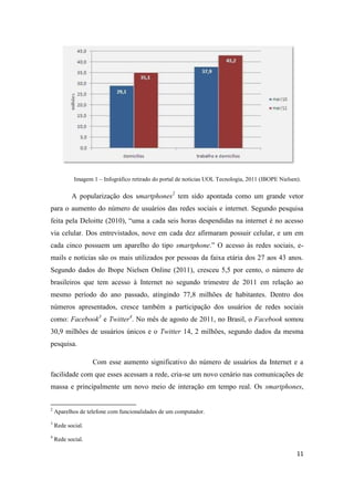 11
Imagem 1 – Infográfico retirado do portal de notícias UOL Tecnologia, 2011 (IBOPE Nielsen).
A popularização dos smartphones2 tem sido apontada como um grande vetor
para o aumento do número de usuários das redes sociais e internet. Segundo pesquisa
feita pela Deloitte (2010), “uma a cada seis horas despendidas na internet é no acesso
via celular. Dos entrevistados, nove em cada dez afirmaram possuir celular, e um em
cada cinco possuem um aparelho do tipo smartphone.” O acesso às redes sociais, e-
mails e notícias são os mais utilizados por pessoas da faixa etária dos 27 aos 43 anos.
Segundo dados do Ibope Nielsen Online (2011), cresceu 5,5 por cento, o número de
brasileiros que tem acesso à Internet no segundo trimestre de 2011 em relação ao
mesmo período do ano passado, atingindo 77,8 milhões de habitantes. Dentro dos
números apresentados, cresce também a participação dos usuários de redes sociais
como: Facebook3 e Twitter4. No mês de agosto de 2011, no Brasil, o Facebook somou
30,9 milhões de usuários únicos e o Twitter 14, 2 milhões, segundo dados da mesma
pesquisa.
Com esse aumento significativo do número de usuários da Internet e a
facilidade com que esses acessam a rede, cria-se um novo cenário nas comunicações de
massa e principalmente um novo meio de interação em tempo real. Os smartphones,
2 Aparelhos de telefone com funcionalidades de um computador.
3 Rede social.
4 Rede social.
 