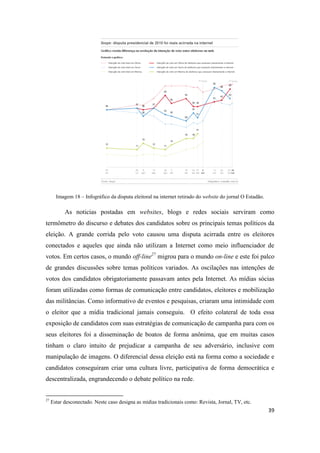 39
Imagem 18 – Infográfico da disputa eleitoral na internet retirado do website do jornal O Estadão.
As noticias postadas em websites, blogs e redes sociais serviram como
termômetro do discurso e debates dos candidatos sobre os principais temas políticos da
eleição. A grande corrida pelo voto causou uma disputa acirrada entre os eleitores
conectados e aqueles que ainda não utilizam a Internet como meio influenciador de
votos. Em certos casos, o mundo off-line27 migrou para o mundo on-line e este foi palco
de grandes discussões sobre temas políticos variados. As oscilações nas intenções de
votos dos candidatos obrigatoriamente passavam antes pela Internet. As mídias sócias
foram utilizadas como formas de comunicação entre candidatos, eleitores e mobilização
das militâncias. Como informativo de eventos e pesquisas, criaram uma intimidade com
o eleitor que a mídia tradicional jamais conseguiu. O efeito colateral de toda essa
exposição de candidatos com suas estratégias de comunicação de campanha para com os
seus eleitores foi a disseminação de boatos de forma anônima, que em muitas casos
tinham o claro intuito de prejudicar a campanha de seu adversário, inclusive com
manipulação de imagens. O diferencial dessa eleição está na forma como a sociedade e
candidatos conseguiram criar uma cultura livre, participativa de forma democrática e
descentralizada, engrandecendo o debate político na rede.
27 Estar desconectado.Neste caso designa as mídias tradicionais como: Revista, Jornal, TV, etc.
 