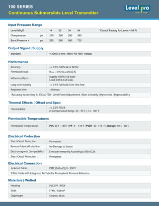 Level ft/H2O
Overpressure psi
Burst Pressure > psi
Standard
Input Pressure Range
Output Signal | Supply
Performance
14 20 34 54
210 290 290 380
290 580 580 720
* Consult Factory for Levels > 54 Ft
4-20mA 2-wire | Hart | RS 485 | Voltage
Accuracy
Permissible load
Influence effects
Long term stability
Response time
1
Accuracy According to IEC 60770 - Limit Point Adjustment | Non-Linearity | Hysteresis | Repeatability
<± 0.5% Full Scale or Better
Rmax = [(Vs-Vsmin)/0.02 A]
<± 0.1% Full Scale Over One Year
<10 msec
Short-Circuit Protection Permanent
Reverse Polarity Protection No Damage to Sensor
Electromagnetic Compatibility Emission Immunity According to EN 61326
Short-Circuit Protection Permanent
Supply :0.05% Full Scale
Load :0.05% Full Scale
Thermal Effects | Offset and Span
Electrical Protection
Thermal Error
<± 0.2% FSO/K
in Compensated Range -25 - 70°C | -13 - 158° F
Permissible Temperatures
Permissible Temperatures PVC 32°F - 140°F | PP -4° - 178°F | PVDF -30 - 178 °F | Storage -10°C - 60°C
Jacketed Cable PTFE (Teflon®) | 0 - 200°F
3 Wire Cable with Integrated Air Tube for Atmospheric Pressure Reference
Housing PVC | PP | PVDF
Seals FFKM - Kalrez®
Diaphragm Ceramic AI2 03
Electrical Connection
Materials | Wetted
Continuous Submersible Level Transmitter
100 SERIES
 