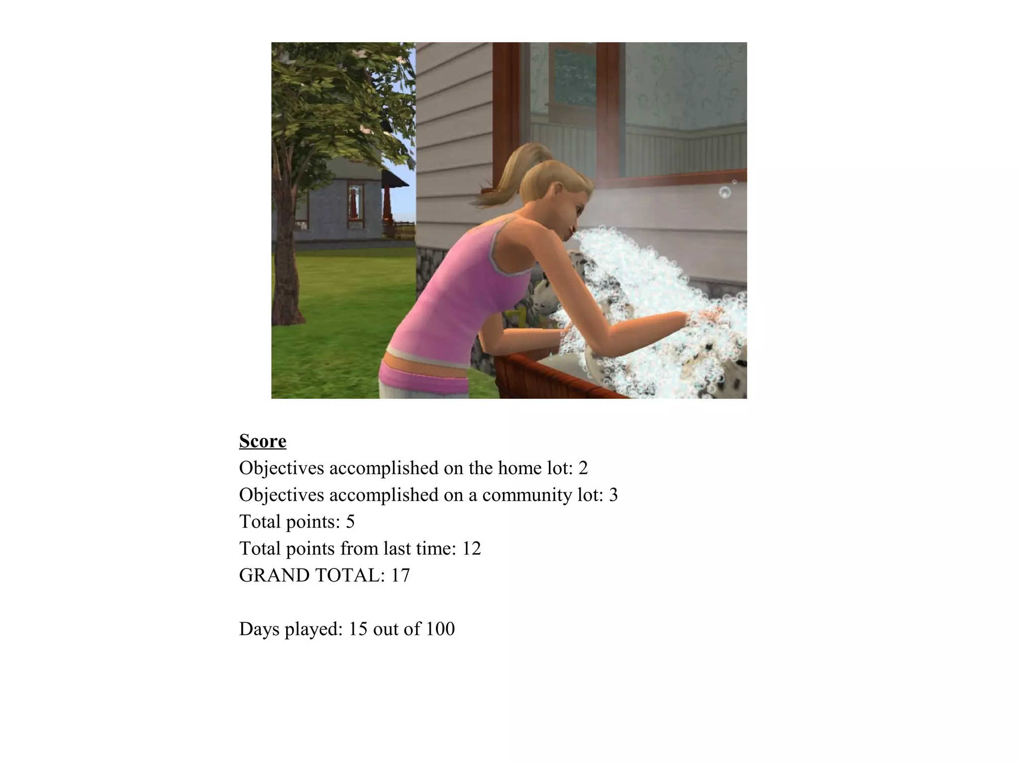 Score
Objectives accomplished on the home lot: 2
Objectives accomplished on a community lot: 3
Total points: 5
Total points from last time: 12
GRAND TOTAL: 17

Days played: 15 out of 100
 