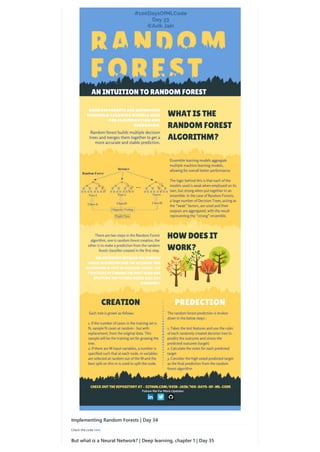 Implementation of SVM | Day 14
Today I implemented SVM on linearly related data. Used Scikit-Learn library. In Scikit-Learn we have SVC classifier which we
use to achieve this task. Will be using kernel-trick on next implementation. Check the code here.
Naive Bayes Classifier and Black Box Machine Learning | Day 15
Learned about different types of naive bayes classifiers. Also started the lectures by Bloomberg. First one in the playlist was
Black Box Machine Learning. It gives the whole overview about prediction functions, feature extraction, learning algorithms,
performance evaluation, cross-validation, sample bias, nonstationarity, overfitting, and hyperparameter tuning.
Implemented SVM using Kernel Trick | Day 16
Using Scikit-Learn library implemented SVM algorithm along with kernel function which maps our data points into higher
dimension to find optimal hyperplane.
Started Deep learning Specialization on Coursera | Day 17
Completed the whole Week 1 and Week 2 on a single day. Learned Logistic regression as Neural Network.
Deep learning Specialization on Coursera | Day 18
Completed the Course 1 of the deep learning specialization. Implemented a neural net in python.
The Learning Problem , Professor Yaser Abu-Mostafa | Day 19
Started Lecture 1 of 18 of Caltech's Machine Learning Course - CS 156 by Professor Yaser Abu-Mostafa. It was basically an
introduction to the upcoming lectures. He also explained Perceptron Algorithm.
Started Deep learning Specialization Course 2 | Day 20
Completed the Week 1 of Improving Deep Neural Networks: Hyperparameter tuning, Regularization and Optimization.
Web Scraping | Day 21
Watched some tutorials on how to do web scraping using Beautiful Soup in order to collect data for building a model.
Is Learning Feasible? | Day 22
Lecture 2 of 18 of Caltech's Machine Learning Course - CS 156 by Professor Yaser Abu-Mostafa. Learned about Hoeffding
Inequality.
Decision Trees | Day 23
 