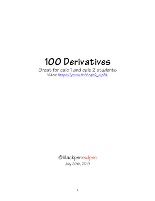 100 Derivatives
Great for calc 1 and calc 2 students
Video: https://youtu.be/AegzQ_dip8k
©blackpenredpen
July 20th, 2019
!1
 