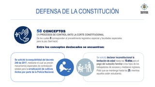 DEFENSA DE LA CONSTITUCIÓN
58 CONCEPTOS
EN PROCESOS DE CONTROL ANTE LA CORTE CONSTITUCIONAL
De los cuales 8 corresponden al procedimiento legislativo especial y facultades especiales
para la paz (fast track)
z	
Se solicitó la exequibilidad del decreto
249 de 2017, mediante el cual se prevén
mecanismos especiales de contratación
estatal para la erradicación de cultivos
ilícitos por parte de la Policía Nacional.
Se solicitó declarar inconstitucional la
limitación de edad hasta los 18añospara el
pago del subsidio familiar a los hijos de los
trabajadores de escasos y medianos ingresos.
Pidió que se mantenga hasta los 25, mientras
aquellos estén estudiando.
Entre los conceptos destacados se encuentran:
 