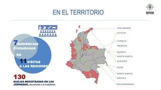EN EL TERRITORIO
7AUDIENCIAS
CIUDADANAS
EN
11VISITAS
A LAS REGIONES
130
QUEJAS REGISTRADAS EN LAS
JORNADAS, escuchando a la ciudadanía.
SAN ANDRÉS
 