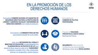 EN LA PROMOCIÓN DE LOS
DERECHOS HUMANOS
Convocatoria COMISIÓN NACIONAL DE GARANTÍAS DE
SEGURIDAD DIRECTIVA PARA LA PROTECCIÓN DE
LÍDERES Y LIDERESAS SOCIALES Y DEFENSORES DE
DERECHOS HUMANOS como medida de protección.
Convocatoria a la
COMISIÓN DE POLÍTICA
PENITENCIARÍA.
Convocatoria a la COMISIÓN ÉTNICA DE PAZ
para analizar propuesta de Ley de Jubileo.
Programa de VIGILANCIA
PREVENTIVA AL NUEVO CÓDIGO
Nacional de Policía.
Junto con la DEFENSORÍA DEL PUEBLO Y
MINISTERIO DE EDUCACIÓN, se está trabajando en la
ELABORACIÓN DE UN PROYECTO DE LEY para
prevenir el abuso sexual por parte de los “CUIDADORES”
de población vulnerable (niños, niñas, adolescentes,
personas con discapacidad y adultos mayores).
SEGUIMIENTO al fallo de la Corte
Constitucional que ordena acciones
afirmativas a favor de los RECICLADORES.
 