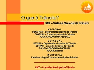O que é Trânsito?
                        SNT – Sistema Nacional de Trânsito
                  NACIONAL
    DENATRAN – Departamento Nacional de Trânsito
      CONTRAN – Conselho Nacional de Trânsito
          POLÍCIA RODOVIÁRIA FEDERAL
                   ESTADUAL
      DETRAN – Departamento Estadual de Trânsito
        CETRAN – Conselho Estadual de Trânsito
           POLÍCIA RODOVIÁRIA ESTADUAL
                  POLÍCIA MILITAR
                      MUNICIPAL
    Prefeitura - Órgão Executivo Municipal de Trânsito*

       ----------------------------------------------------------------

        CMT – Conselho Municipal de Trânsito
 
