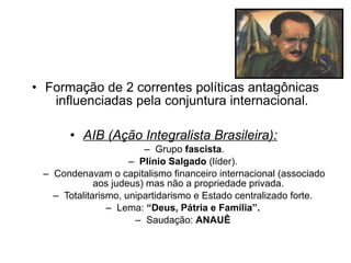 • Formação de 2 correntes políticas antagônicas
   influenciadas pela conjuntura internacional.

       • AIB (Ação Integralista Brasileira):
                        – Grupo fascista.
                     – Plínio Salgado (líder).
 – Condenavam o capitalismo financeiro internacional (associado
             aos judeus) mas não a propriedade privada.
   – Totalitarismo, unipartidarismo e Estado centralizado forte.
                – Lema: “Deus, Pátria e Família”.
                      – Saudação: ANAUÊ
 