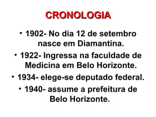 CRONOLOGIA
   • 1902- No dia 12 de setembro
        nasce em Diamantina.
 • 1922- Ingressa na faculdade de
     Medicina em Belo Horizonte.
• 1934- elege-se deputado federal.
  • 1940- assume a prefeitura de
           Belo Horizonte.
 