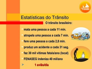 Estatísticas do Trânsito
                   O trânsito brasileiro:
 mata uma pessoa a cada 11 min.
 atropela uma pessoa a cada 7 min.
 fere uma pessoa a cada 2,8 min.
 produz um acidente a cada 31 seg.
 faz 30 mil vítimas fatais/ano (local)
 FENASEG indeniza 40 mil/ano
         1 avião/dia
 