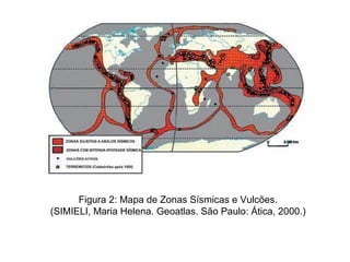 Figura 2: Mapa de Zonas Sísmicas e Vulcões.
(SIMIELI, Maria Helena. Geoatlas. São Paulo: Ática, 2000.)
 