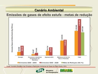 MINISTÉRIO DO PLANEJAMENTO
                Cenário Ambiental
Emissões de gases de efeito estufa - metas de redução




Fonte: Inventário Brasileiro das Emissões e Remoções Antrópicas de Gases de Efeito Estufa, 2010.
                                                     Ministério
                                                             Ministério
                                               do Planejamento
                                                              do Planejamento
                                                                   Governo Federal
 