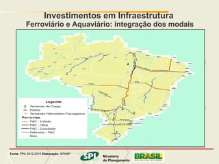 MINISTÉRIO DO PLANEJAMENTO
                     Investimentos em Infraestrutura
          Ferroviário e Aquaviário: integração dos modais




Fonte: PPA 2012-2015 Elaboração: SPI/MP         Ministério
                                                        Ministério
                                          do Planejamento
                                                       do Planejamento
                                                            Governo Federal
 
