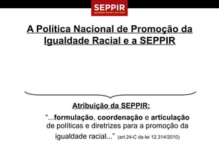 A Política Nacional de Promoção da
   Igualdade Racial e a SEPPIR




             Atribuição da SEPPIR:
   “...formulação, coordenação e articulação
   de políticas e diretrizes para a promoção da
        igualdade racial...” (art.24-C da lei 12.314/2010)
 