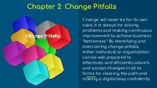 Change will never be for its own
sake, it is always for solving
problems and making continuous
improvement to achieve business
“betterness.” By identifying and
overcoming change pitfalls,
either individual or organization
can be well prepared to
effectively and efficiently absorb
and accept changes in all its
forms for clearing the path and
making a digital leap confidently.
Chapter 2 Change Pitfalls
 