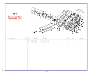 Ref. Qtd.
Item de serviço T.M.O. Nº da peça Descrição Nota Nº de série
Nº C-100
26 96001-06050-00 Parafuso Flange, 6 x 50 ................................................................. 1 .............. .................... .......................
27 96001-06060-00 Parafuso Flange, 6 x 60 ................................................................. 2 .............. .................... .......................
28 96001-06065-00 Parafuso Flange, 6 x 65 ................................................................. 4 .............. .................... .......................
M-9
Carcaça do Motor
• Bomba de Óleo
20
30.06.97
 
