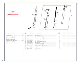Ref. Qtd.
Item de serviço T.M.O. Nº da peça Descrição Nota Nº de série
Nº C-100
1 51400-GN5-900 Garfo Diant. Dir., Conj.................................................................... 1 .............. .................... .......................
2 51401-GN5-901 Mola, Garfo Diant. .......................................................................... 2 .............. .................... .......................
3 51410-GN5-901 Cilindro Interno, Garfo Diant. ......................................................... 2 .............. .................... .......................
4 51412-GN5-901 Mola, Batente, Garfo Diant............................................................. 2 .............. .................... .......................
5 51421-GN5-901 Cilindro Ext., Inferior Dir., Garfo Diant............................................ 1 .............. .................... .......................
6 51425-GN5-901 Guarda Pó, Garfo Dianteiro............................................................ 2 .............. .................... .......................
7 51437-GM0-003 Anel, Pistão .................................................................................... 2 .............. .................... .......................
8 51466-065-901 Anel, Limitador, Retentor de Óleo.................................................. 2 .............. .................... .......................
9 51470-GN5-901 Tubo, Assento ................................................................................ 2 .............. .................... .......................
10 51490-GN5-305 Retentor, Garfo Diant. Jogo ........................................................... 2 .............. .................... .......................
11 51500-GN5-900 Garfo Diant. Esq. Comp................................................................. 1 .............. .................... .......................
12 51521-GN5-901 Cilindro Ext. Inferior Esq., Garfo Diant. .......................................... 1 .............. .................... .......................
13 90116-383-721 Parafuso Allen, 8 mm ..................................................................... 2 .............. .................... .......................
14 90123-GN5-901 Parafuso, Garfo Diant..................................................................... 2 .............. .................... .......................
15 90544-283-000 Arruela Especial, 8 mm.................................................................. 2 .............. .................... .......................
16 91256-166-003 Anel de Vedação............................................................................ 2 .............. .................... .......................
C-6
Garfo Dianteiro
Conj. Garfo Diant...................................................0,5
(Adicionar 0,1 Por Unidade)
Mola, Garfo Diant...................................................0,3
(Adicionar 0,1 Por Unidade)
Cilindro Interno, Garfo Diant..................................0,8
(Adicionar 0,4 Por Unidade)
Cilindro Ext. lnferior Garfo Diant. ...........................0,9
(Adicionar 0,5 Por Unidade)
Jogo, Retentor Garfo Diant.
(Adicionar 0,5 Por Unidade)
38
30.06.97
 