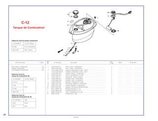 Ref. Qtd.
Item de serviço T.M.O. Nº da peça Descrição Nota Nº de série
Nº C-100
1 16910-GN5-911 Filtro, Comp., Combustível............................................................. 1 .............. .................... .......................
* 16910-GAH-690 Filtro, Comp., Combustível............................................................. 1 .............. .................... .......................
2 17510-GN5-901ZA Tanque Combustível, Comp., *R-4C* ............................................ 1 .............. .................... .......................
17510-GN5-901ZT Tanque Combustível Comp., *NH-1* ............................................. 1 .............. .................... .......................
3 17620-GA7-023 Tampa, Tanque, Combustível........................................................ 1 .............. .................... .......................
4 17630-GN5-910 Tubo, Combustível 5,3 x 430 ......................................................... 1 .............. .................... .......................
5 17631-096-701 Guarnição, Tampa, Tanque ........................................................... 1 .............. .................... .......................
6 17640-GN5-910 Presilha, Tubo, Combustível .......................................................... 1 .............. .................... .......................
* 17640-GBG-760 Presilha, Tubo, Combustível .......................................................... 1 .............. .................... .......................
7 37800-GN5-901 Medidor, Combustível Comp. ........................................................ 1 .............. .................... .......................
8 37801-GA7-700 Guarnição, Medidor, Combustível ................................................. 1 .............. .................... .......................
9 37802-GA7-700 Fixador, Medidor, Combustível...................................................... 1 .............. .................... .......................
10 87562-KAS-940 Etiqueta, Precaução Abastecimento.............................................. 1 .............. .................... .......................
11 93411-06016-00 Parafuso Arruela, 6 x 16................................................................. 2 .............. .................... .......................
* 93401-06016-00 Parafuso Arruela, 6 x 16................................................................. 2 .............. .................... .......................
12 95001-55060-40 Tubo, Combustível 5,3 x 60 ........................................................... 1 .............. .................... .......................
13 95002-02100 Presilha B10, Tubo......................................................................... 4 .............. .................... .......................
C-12
Tanque de Combustível
Filtro Comp., Combustivel .....................................0 2
Tanque Combustível..............................................0,5
Conj. Medidor Combustível...................................0,3
48
30.06.97
Cor da Moto Cor do Tanque
R-206 R-4C (Vermelho)
PB-277M NH-1 (Preto)
Tabela de cores do tanque combustível
Cor da Moto Tipo
R-4C R-4C
NH-1 NH-1
Tabela de Cores do
Tanque de Combustível 92~95
Cor da Moto Cor do Tanque
R-214C
P-28
R-206
NH-1
PB-277M
Tabela de Cores do
Tanque de Combustível 96~
 